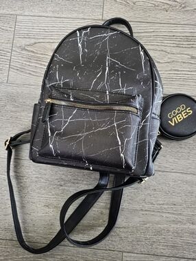 Black Marble-Print Mini Backpack with Gold Zipper